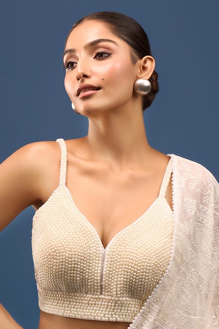 Samyukta Singhania_White Silk Pearls V-neck Hand Embroidered Blouse _Online_at_Aza_Fashions