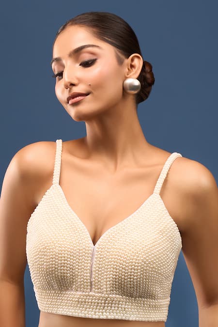 Buy_Samyukta Singhania_White Silk Pearls V-neck Hand Embroidered Blouse _Online_at_Aza_Fashions
