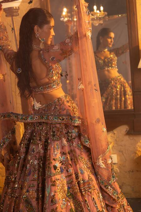 Buy_House Of Sikka_Pink Net Sequins, Embroidery V-neck Multi Color Embellished Lehenga Set _Online_at_Aza_Fashions
