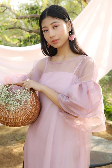 Shop_Marche_Purple Organza, Crepe Round Neck Maxi Bow Dress _Online_at_Aza_Fashions