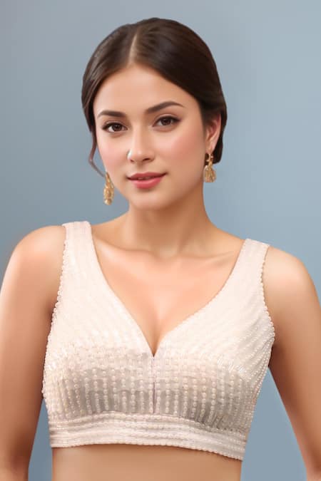 Samyukta Singhania White Silk Beads, Pearls V-neck Embroidered Padded Blouse 