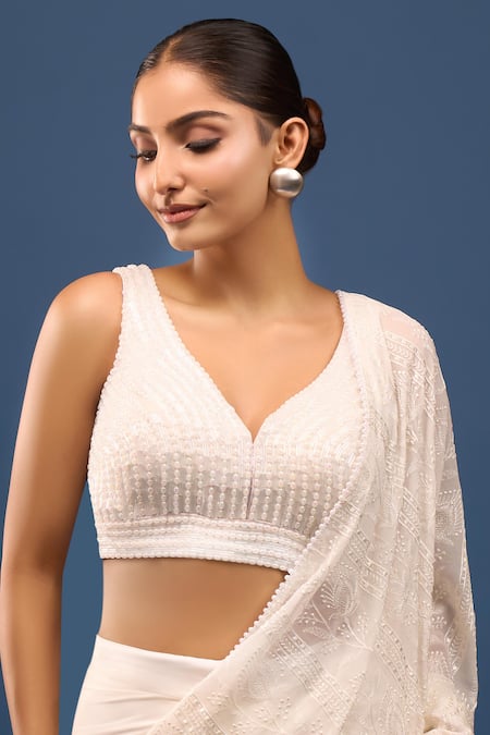 Samyukta Singhania_White Silk Beads, Pearls V-neck Embroidered Padded Blouse _Online_at_Aza_Fashions
