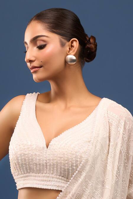 Buy_Samyukta Singhania_White Silk Beads, Pearls V-neck Embroidered Padded Blouse _Online_at_Aza_Fashions