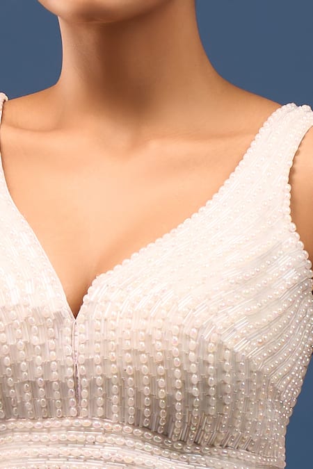 Shop_Samyukta Singhania_White Silk Beads, Pearls V-neck Embroidered Padded Blouse _Online_at_Aza_Fashions