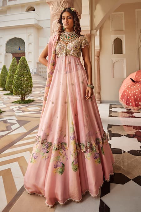 Nea By Nikita Tiwari Pink Organza, Tissue Sequins, Embroidery Round Neck Metallic Blush Overlay Set 