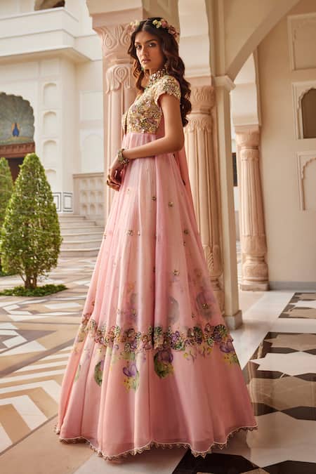 Buy_Nea By Nikita Tiwari_Pink Organza, Tissue Sequins, Embroidery Round Neck Metallic Blush Overlay Set _Online_at_Aza_Fashions