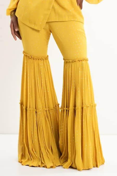 Shop_Aurouss_Yellow Georgette, Tulle Beads Sunroot Designer Blazer And Palazzo Set 