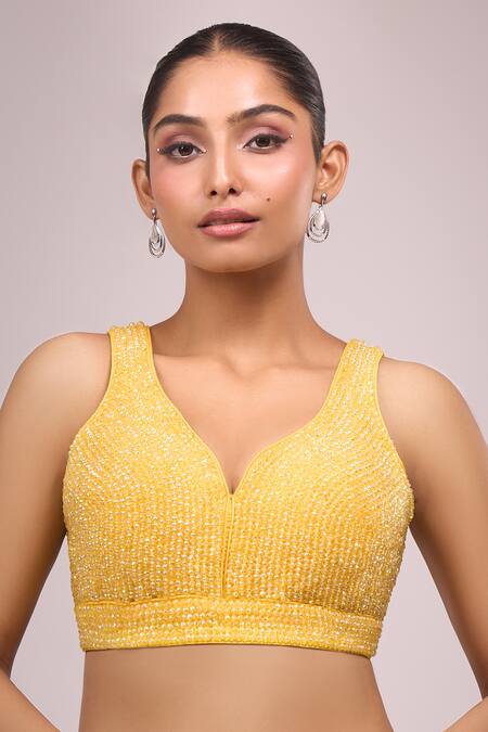 Samyukta Singhania Yellow Silk Crystals V-neck Padded Blouse Online at Aza Fashions Samyukta Singhania_Yellow Silk Crystals V-neck Padded Blouse _Online_at_Aza_Fashions