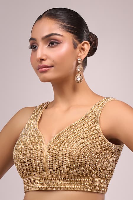 Samyukta Singhania Gold Silk Pearls, Zari V-neck Embroidered Padded Blouse Online at Aza Fashions Samyukta Singhania_Gold Silk Pearls, Zari V-neck Embroidered Padded Blouse _Online_at_Aza_Fashions