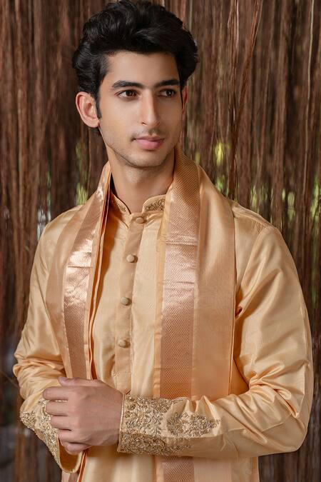 Hilo Design_Brown Embroidery Tan Kanjivaram Hand Pattu Set _Online_at_Aza_Fashions