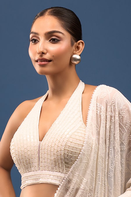 Samyukta Singhania White Silk Pearls, Beads Halter Neck Padded Embroidered Blouse Online at Aza Fashions Samyukta Singhania_White Silk Pearls, Beads Halter Neck Padded Embroidered Blouse _Online_at_Aza_Fashions