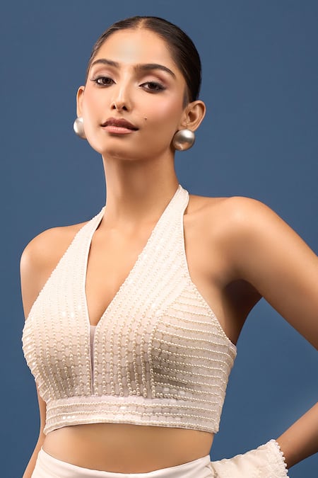Shop Samyukta Singhania White Silk Pearls, Beads Halter Neck Padded Embroidered Blouse Online at Aza Fashions Shop_Samyukta Singhania_White Silk Pearls, Beads Halter Neck Padded Embroidered Blouse _Online_at_Aza_Fashions