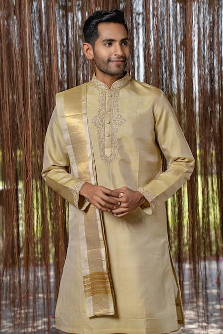 Hilo Design_Green Embroidery Olive Kanjivaram Machien Set _Online_at_Aza_Fashions