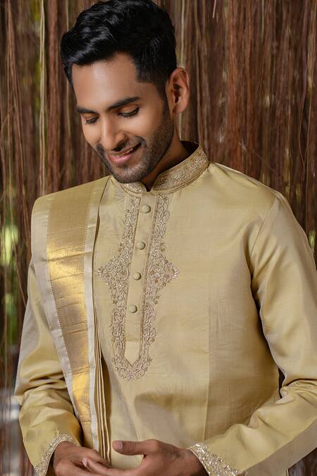 Buy_Hilo Design_Green Embroidery Olive Kanjivaram Machien Set _Online_at_Aza_Fashions