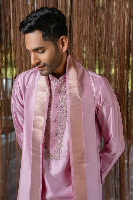 Hilo Design_Purple Embroidery Lavender Kanjivaram Set _Online_at_Aza_Fashions