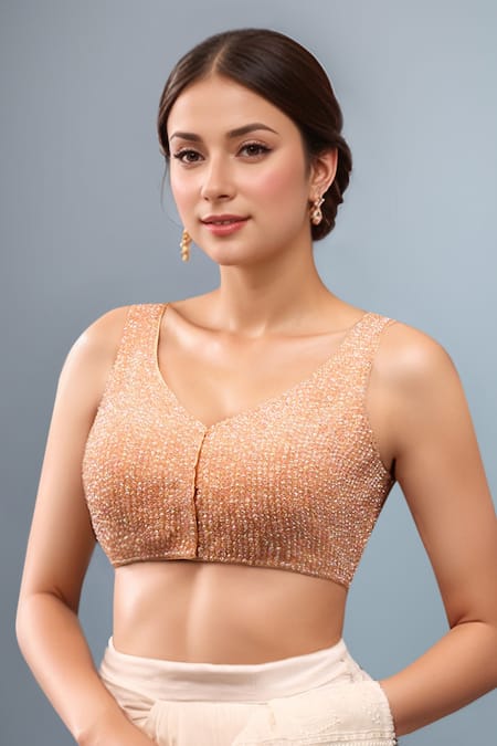 Samyukta Singhania Peach Crystal Beaded Padded Blouse 
