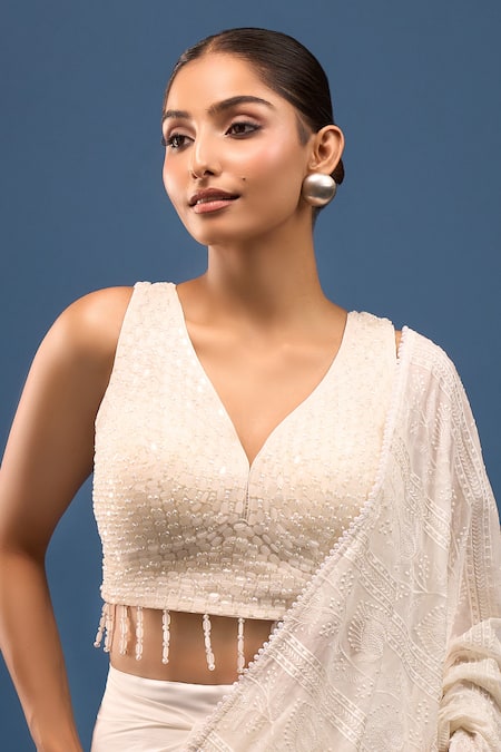 Samyukta Singhania_White Silk Beads V-neck Padded Blouse _Online_at_Aza_Fashions