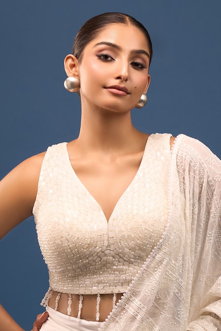 Buy_Samyukta Singhania_White Silk Beads V-neck Padded Blouse _Online_at_Aza_Fashions