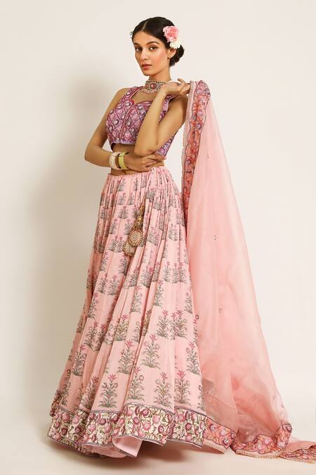 Ruar India_Pink Chanderi Sequins, Pearls Round Neck Kamal Talai Lehenga Set _Online_at_Aza_Fashions