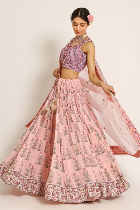 Buy_Ruar India_Pink Chanderi Sequins, Pearls Round Neck Kamal Talai Lehenga Set _Online_at_Aza_Fashions