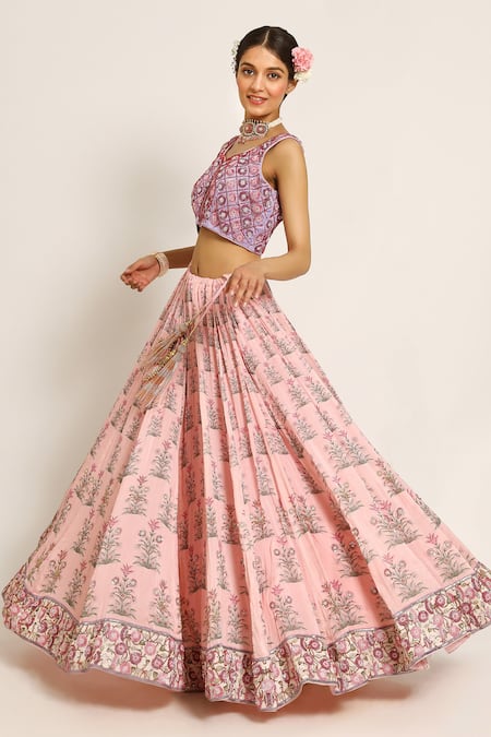 Shop_Ruar India_Pink Chanderi Sequins, Pearls Round Neck Kamal Talai Lehenga Set _Online_at_Aza_Fashions