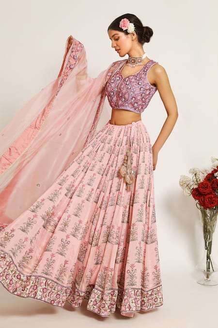 Ruar India Pink Chanderi Sequins, Pearls Round Neck Kamal Talai Lehenga Set 