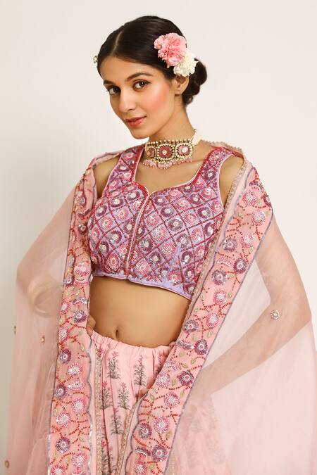 Ruar India_Pink Chanderi Sequins, Pearls Round Neck Kamal Talai Lehenga Set _at_Aza_Fashions