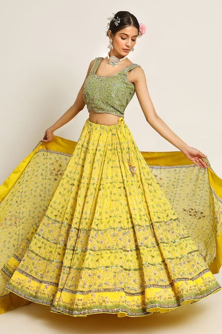 Ruar India_Yellow Chanderi Sequins, Cut Work, Embroidery Round Neck Gopashtami Lehenga Set _Online_at_Aza_Fashions