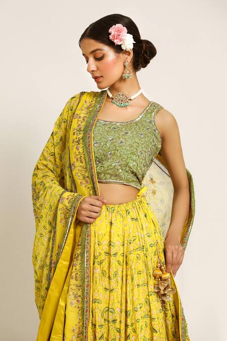 Buy_Ruar India_Yellow Chanderi Sequins, Cut Work, Embroidery Round Neck Gopashtami Lehenga Set _Online_at_Aza_Fashions
