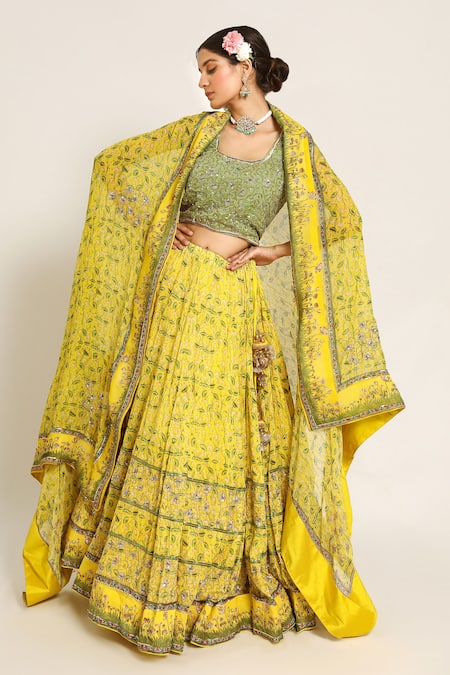 Shop_Ruar India_Yellow Chanderi Sequins, Cut Work, Embroidery Round Neck Gopashtami Lehenga Set _Online_at_Aza_Fashions