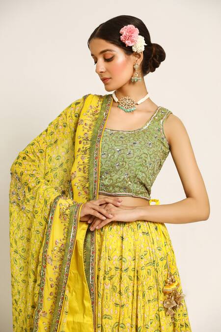 Ruar India_Yellow Chanderi Sequins, Cut Work, Embroidery Round Neck Gopashtami Lehenga Set _at_Aza_Fashions