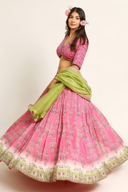 Ruar India_Pink Chanderi Sequins V-neck Nandi Lehenga Set _Online_at_Aza_Fashions