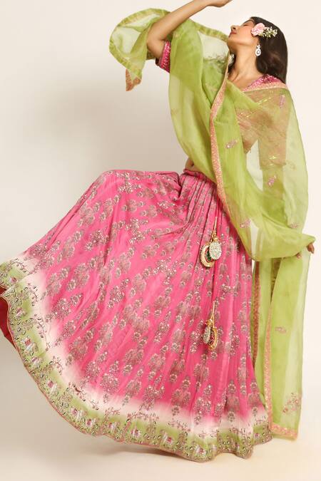 Buy_Ruar India_Pink Chanderi Sequins V-neck Nandi Lehenga Set _Online_at_Aza_Fashions