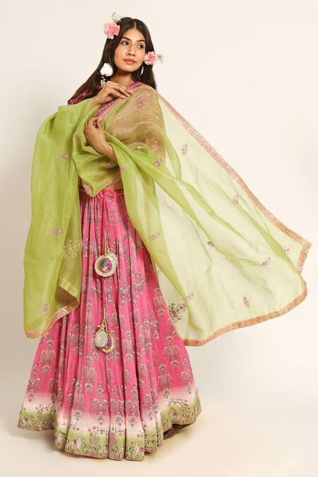 Shop_Ruar India_Pink Chanderi Sequins V-neck Nandi Lehenga Set _Online_at_Aza_Fashions