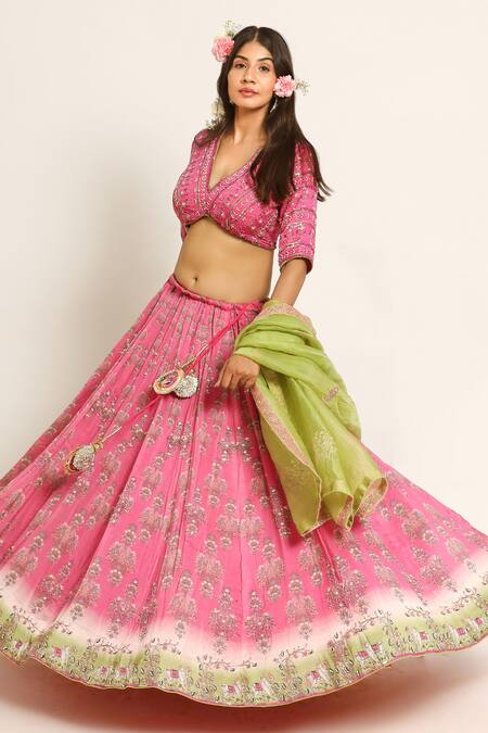 Shop_Ruar India_Pink Chanderi Sequins V-neck Nandi Lehenga Set 