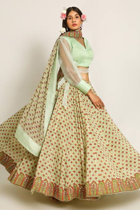 Ruar India_Green Chanderi Sequins Round Neck Mukharvind Lehenga Set _Online_at_Aza_Fashions