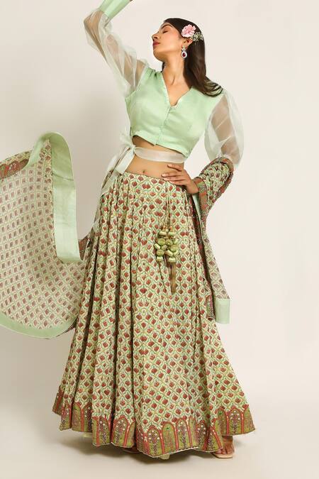 Buy_Ruar India_Green Chanderi Sequins Round Neck Mukharvind Lehenga Set _Online_at_Aza_Fashions