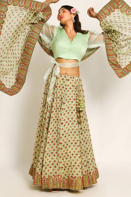 Shop_Ruar India_Green Chanderi Sequins Round Neck Mukharvind Lehenga Set _Online_at_Aza_Fashions