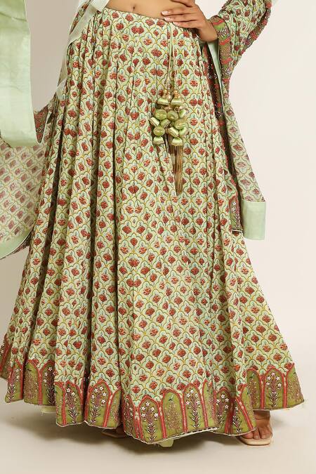 Ruar India_Green Chanderi Sequins Round Neck Mukharvind Lehenga Set _at_Aza_Fashions