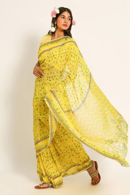 Buy_Ruar India_Yellow Chiffon Round Neck Designer Gopashtami Saree With Blouse _Online_at_Aza_Fashions