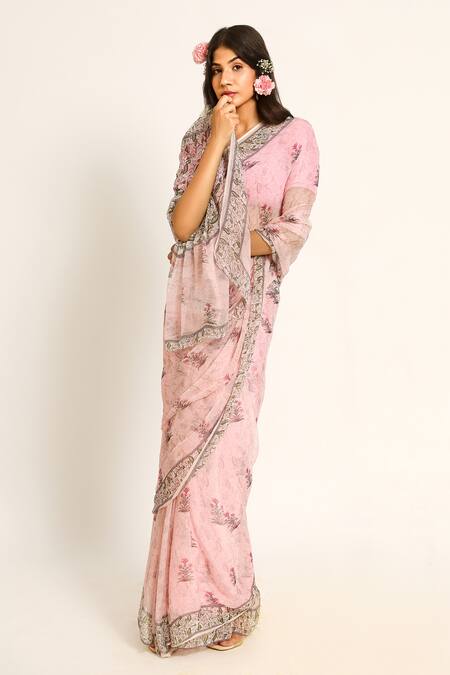 Ruar India_Pink Chiffon Embroidery Round Neck Kamal Designer Saree Set _Online_at_Aza_Fashions