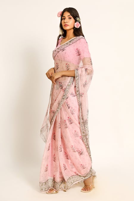 Buy_Ruar India_Pink Chiffon Embroidery Round Neck Kamal Designer Saree Set _Online_at_Aza_Fashions