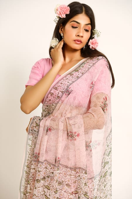 Shop_Ruar India_Pink Chiffon Embroidery Round Neck Kamal Designer Saree Set _Online_at_Aza_Fashions