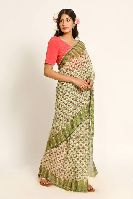 Ruar India_Green Chiffon V-neck Floral Print Saree Set _Online_at_Aza_Fashions