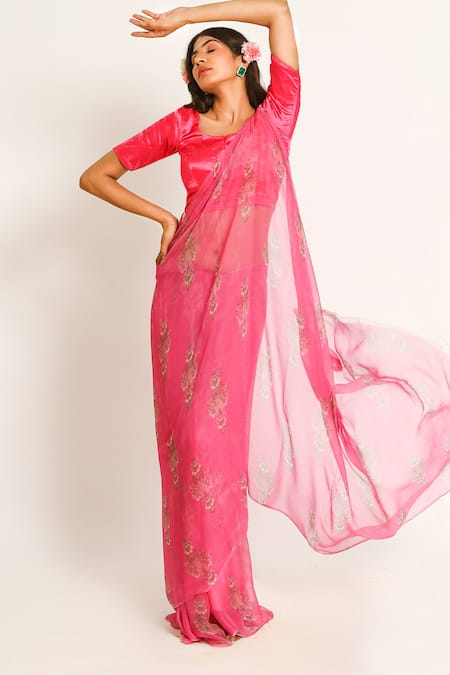 Ruar India_Pink Chiffon Embroidery Round Neck Nandi Saree Set _Online_at_Aza_Fashions