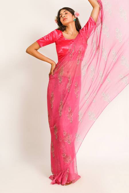 Buy_Ruar India_Pink Chiffon Embroidery Round Neck Nandi Saree Set _Online_at_Aza_Fashions