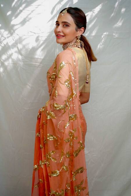 Ruar India_Peach Chiffon Sequins Jhilmil Saree With Blouse _Online_at_Aza_Fashions