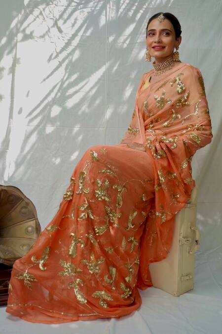 Buy_Ruar India_Peach Chiffon Sequins Jhilmil Saree With Blouse _Online_at_Aza_Fashions