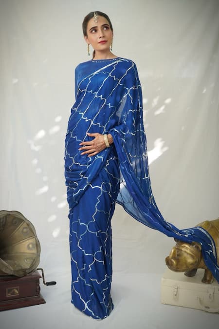 Ruar India_Blue Chiffon Sequins Queensblue Saree With Blouse _Online_at_Aza_Fashions