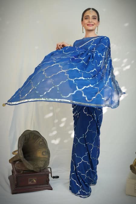 Buy_Ruar India_Blue Chiffon Sequins Queensblue Saree With Blouse _Online_at_Aza_Fashions